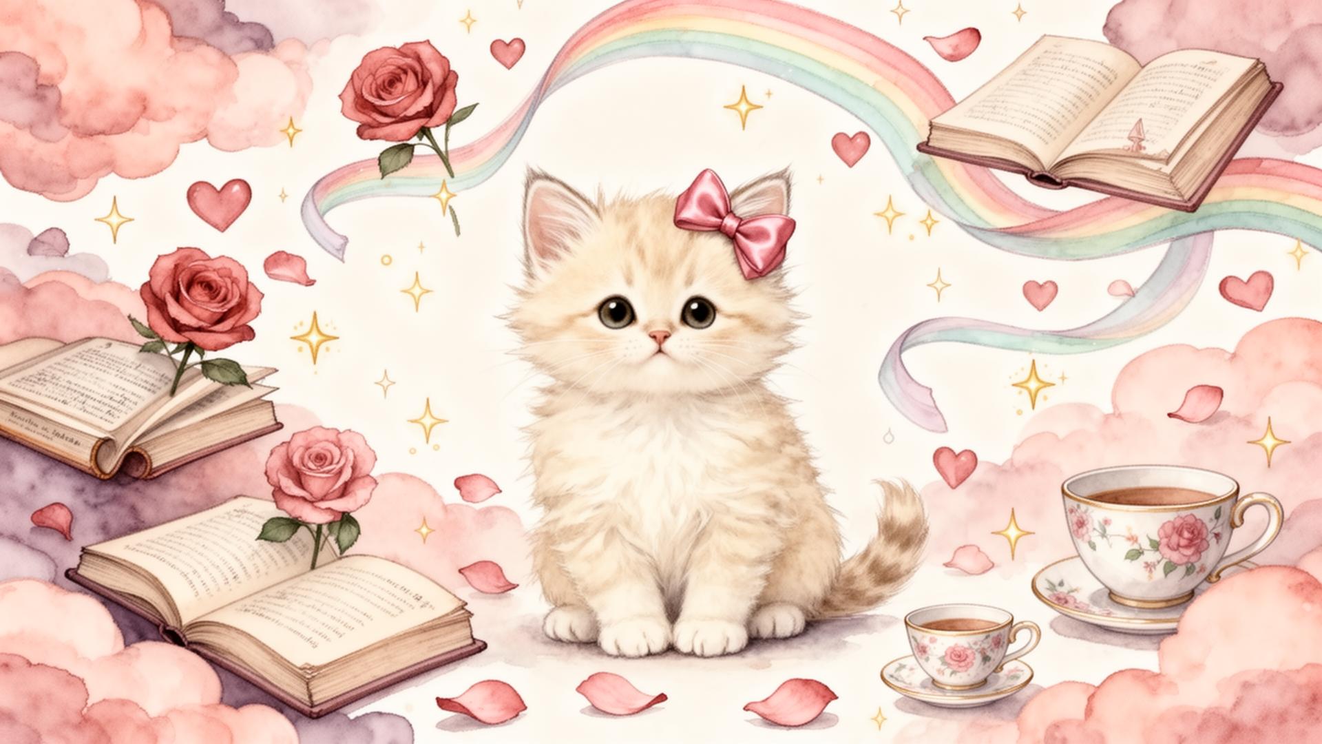 Watercolor scene of a fluffy kitten with a pink bow surrounded by storybooks, roses, hearts and a rainbow